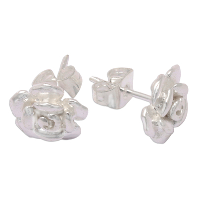 Sterling silver stud earrings, 'Blooming Glam' - Sterling Silver Floral Stud Earrings with Sandblasted Finish