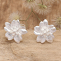 Sterling silver stud earrings, 'Amaryllis Flower Beauty' - Textured Polished Sterling Silver Floral Stud Earrings