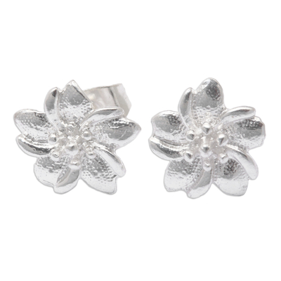 Sterling silver stud earrings, 'Amaryllis Flower Beauty' - Textured Polished Sterling Silver Floral Stud Earrings
