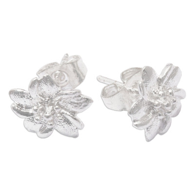 Sterling silver stud earrings, 'Amaryllis Flower Beauty' - Textured Polished Sterling Silver Floral Stud Earrings