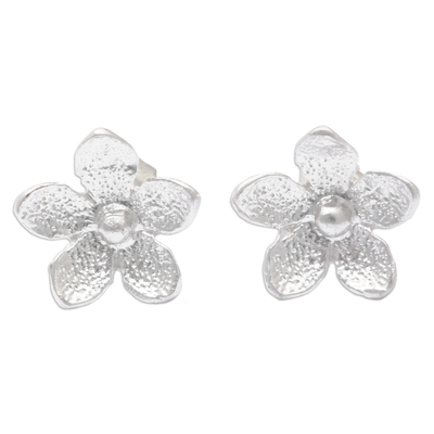 Sterling silver stud earrings, 'Jasmine Flair' - Polished Sandblasted Sterling Silver Floral Stud Earrings