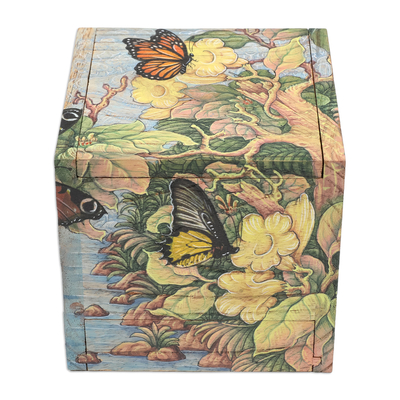 Wood jewellery box, 'Tropical Forest' - Butterfly Leaf & Floral-Themed Hand-Painted Wood jewellery Box