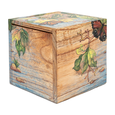 Wood jewellery box, 'Tropical Forest' - Butterfly Leaf & Floral-Themed Hand-Painted Wood jewellery Box