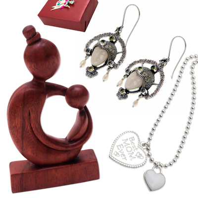 Curated gift set, 'Best Mom Ever' - Curated Mother Gift Set with Necklace Earrings and Sculpture