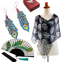 Set de regalo seleccionado, 'Pluma de pavo real' - Pendientes tipo chal de plumas de pavo real y set de regalo seleccionado para abanico de mano