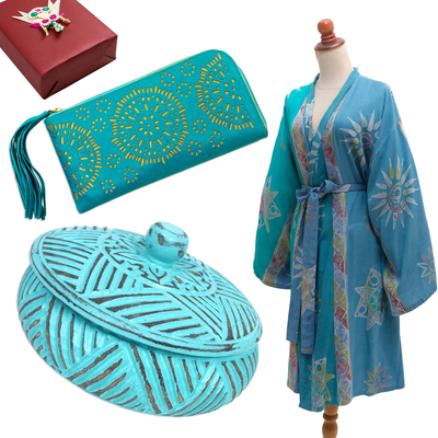 Curated gift set, 'Turquoise Treasure' - Curated Gift Set with Turquoise Clutch Robe & Decorative Box