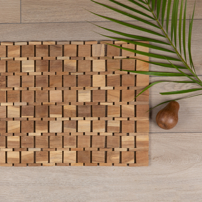 Teak wood mat, 'Forest's Cobblestone' - Handcrafted Geometric Natural Brown Teak Wood Mat from Bali