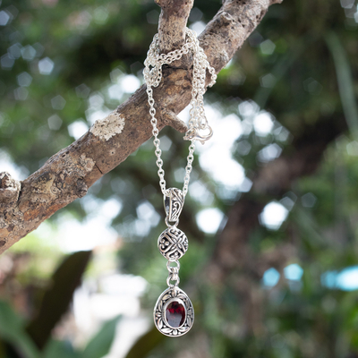 Garnet pendant necklace, 'Red Summer' - Sterling Silver Garnet Pendant Necklace with Leaf Motifs