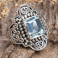 Blue topaz cocktail ring, 'Precious Gem' - Sterling Silver Cocktail Ring with 3 Carat Blue Topaz Stone