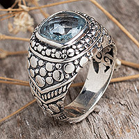 Blue topaz domed ring, 'Magnificent Beauty' - Balinese Blue Topaz Sterling Silver Armadillo Dot Domed Ring