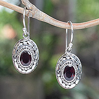 Garnet dangle earrings, 'Wonderful Red' - Sterling Silver Dangle Earrings with Oval Garnet Gemstones