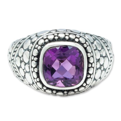 Amethyst domed ring, 'Magnificent Beauty in Purple' - Amethyst Sterling Silver Armadillo Dot Domed Ring from Bali