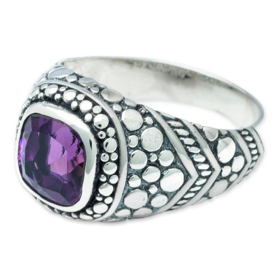 Amethyst domed ring, 'Magnificent Beauty in Purple' - Amethyst Sterling Silver Armadillo Dot Domed Ring from Bali