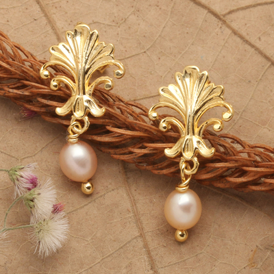 Gold-plated cultured pearl dangle earrings, 'Romantic Tree' - Baroque-Inspired 18k Gold-Plated Peach Pearl Dangle Earrings