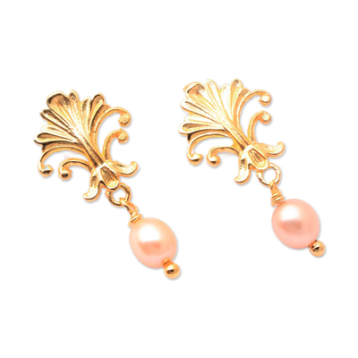 Gold-plated cultured pearl dangle earrings, 'Romantic Tree' - Baroque-Inspired 18k Gold-Plated Peach Pearl Dangle Earrings