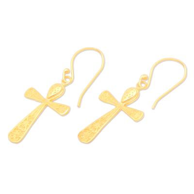 Pendientes colgantes chapados en oro - Aretes colgantes con forma de cruz chapados en oro de 22k de alto pulido