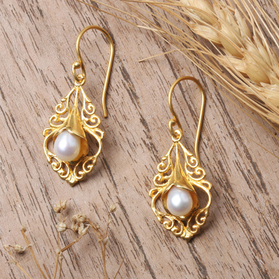 Gold-plated cultured pearl dangle earrings, 'Sacred Kayonan' - 22k Gold-Plated White Cultured Pearl Kayonan Dangle Earrings