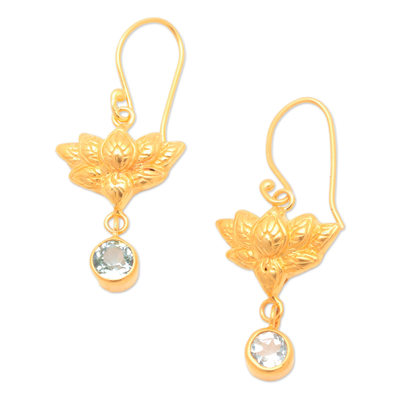 Gold-plated blue topaz dangle earrings, 'Brahman's Blue Jewel' - Lotus-Shaped 22k Gold-Plated Blue Topaz Dangle Earrings