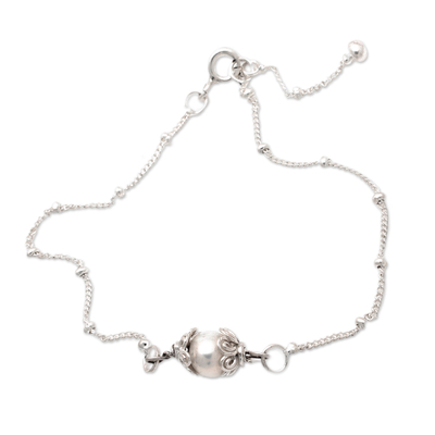 Cultured pearl pendant bracelet, 'Only You & Me' - Polished Floral Grey Cultured Pearl Pendant Bracelet