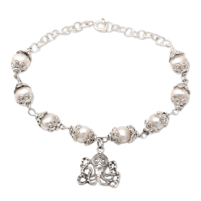Cultured pearl charm bracelet, 'Only The Sea' - Floral Grey Cultured Pearl Bracelet with Octopus Charm