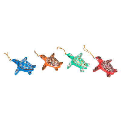 Wood ornaments, 'Festive Shells' (set of 4) - Set of 4 Painted colourful Jempinis Wood Turtle Ornaments