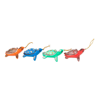 Wood ornaments, 'Festive Shells' (set of 4) - Set of 4 Painted Colorful Jempinis Wood Turtle Ornaments