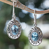 Pendientes colgantes de topacio azul - Pendientes colgantes de plata de ley con joyas de topacio azul ovalado