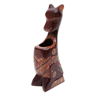 Wood pen holder, 'Mother Kangaroo' - Handcrafted Batik-Painted Kangaroo Pule Wood Pencil Holder