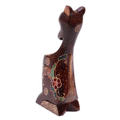 Wood pen holder, 'Mother Kangaroo' - Handcrafted Batik-Painted Kangaroo Pule Wood Pencil Holder