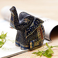 Wood figurine, 'Baby Sage' - Batik Classic Elephant-Shaped Navy Pule Wood Figurine