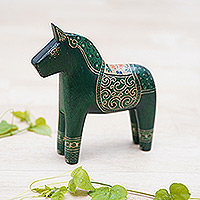 Figura de madera, 'Caballo Dala Verde' - Figura de madera de Pule verde con forma de caballo clásico Batik