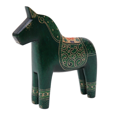 Wood figurine, 'Green Dala Horse' - Batik Classic Horse-Shaped Green Pule Wood Figurine