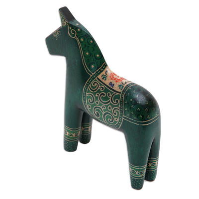 Wood figurine, 'Green Dala Horse' - Batik Classic Horse-Shaped Green Pule Wood Figurine