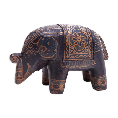 Wood figurine, 'Mystic Giant' - Batik Floral Elephant-Shaped Blue Pule Wood Figurine