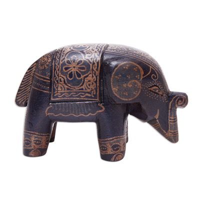 Wood figurine, 'Mystic Giant' - Batik Floral Elephant-Shaped Blue Pule Wood Figurine