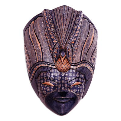 Máscara de madera - Máscara de madera de pule batik azul frondosa con temática de pájaros hecha a mano