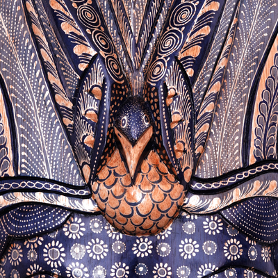 Holzmaske - Handgefertigte Vogel-Themen-Blätter-Maske aus blauem Batik-Pule-Holz