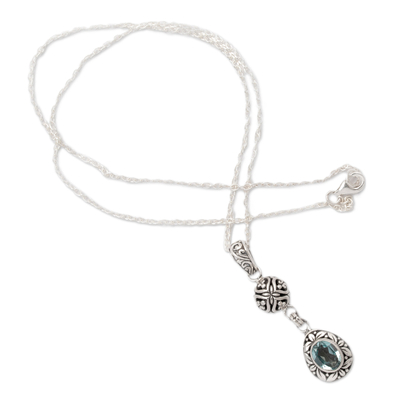 Blue topaz pendant necklace, 'Loyal Summer' - Sterling Silver Blue Topaz Pendant Necklace with Leaf Motifs