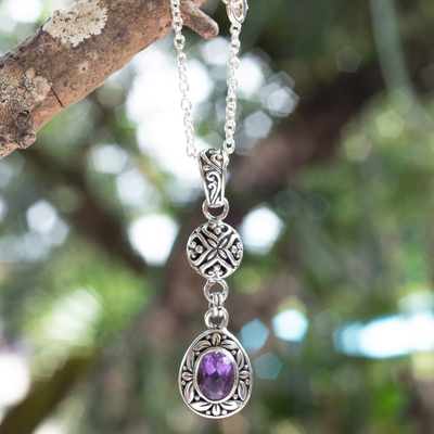 Amethyst pendant necklace, 'Wise Summer' - Sterling Silver Amethyst Pendant Necklace with Leaf Motifs