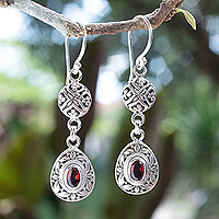 Garnet dangle earrings, 'Red Summer' - Sterling Silver Garnet Dangle Earrings with Leaf Motifs