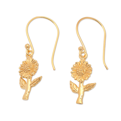 Gold-plated dangle earrings, 'Golden Adoration' - Polished 18k Gold-Plated Sunflower Dangle Earrings