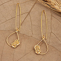 Gold-plated dangle earrings, 'Cycle of Adoration' - 18k Gold-Plated Drop-Shaped Sunflower Dangle Earrings