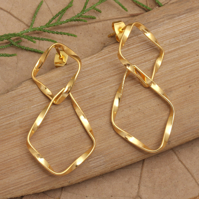 Gold-plated dangle earrings, 'Twists of Triumph' - Polished Modern 18k Gold-Plated Dangle Earrings from Bali