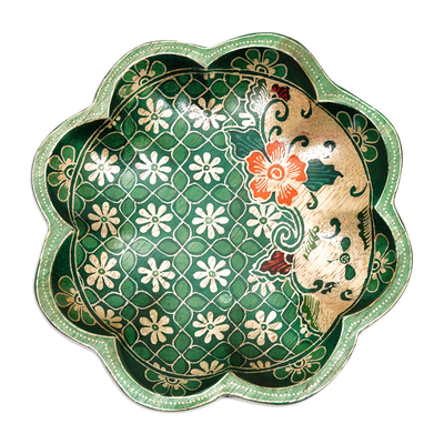 Batik wood bowl, 'Spring Jasmine' - Batik Floral Green and Red Pule Wood Decorative Plate