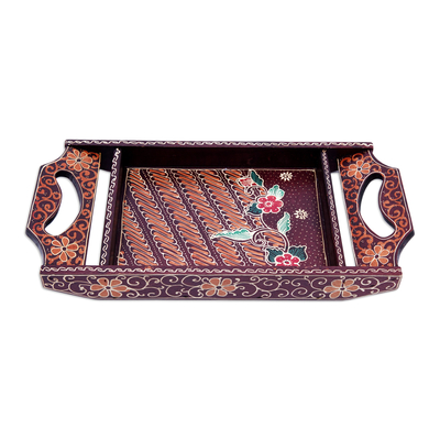 Holztablett - Handgefertigtes traditionelles Batik-Tablett aus braunem Pule-Holz aus Java