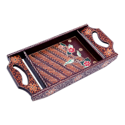 Bandeja de madera - Bandeja tradicional hecha a mano de madera de pule marrón batik de Java