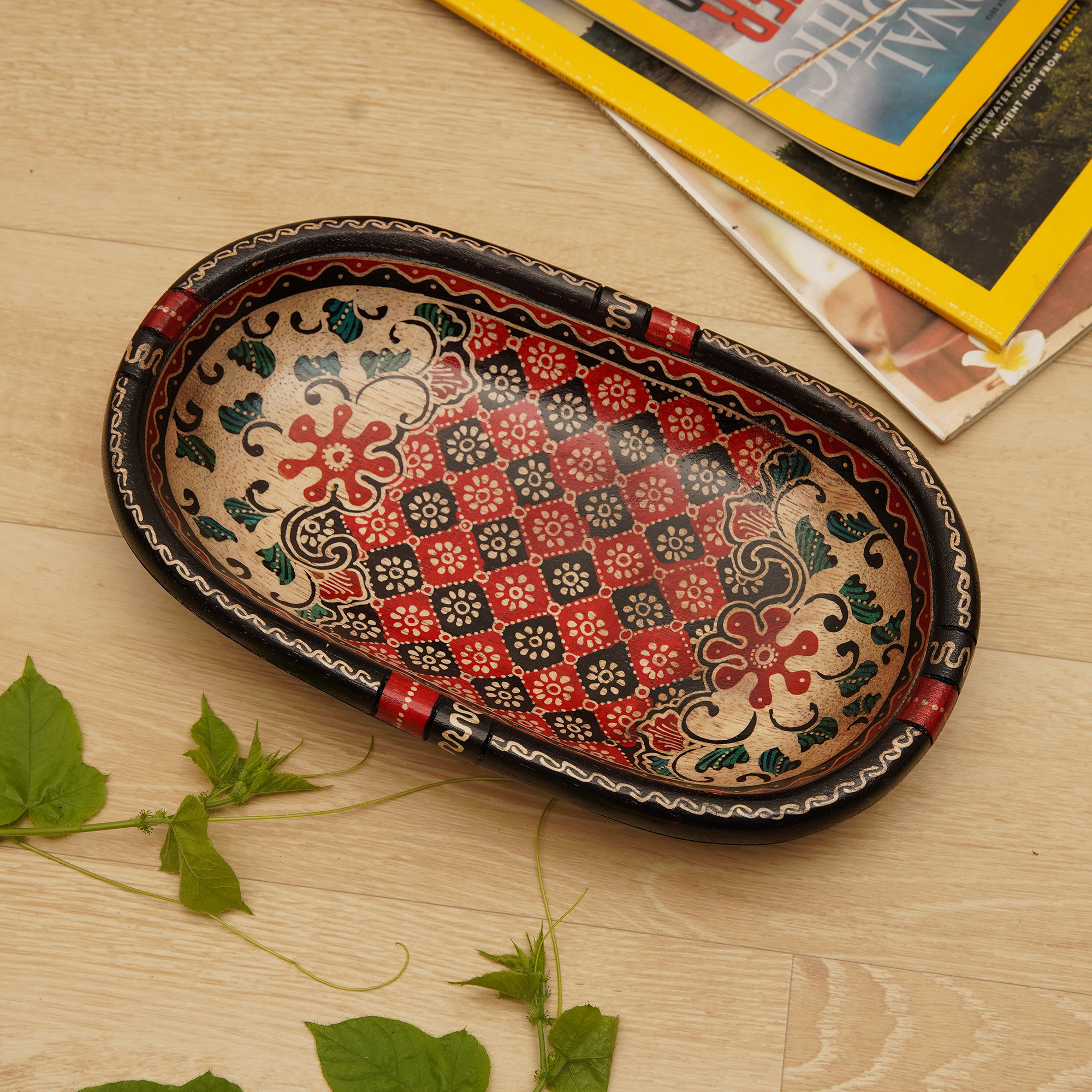 Handmade Batik Oblong-Shaped Red Pule Wood Decorative Bowl Fire