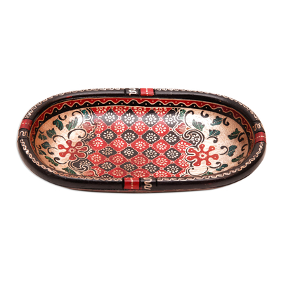 Wood decorative bowl, 'Fire Batik' - Handmade Batik Oblong-Shaped Red Pule Wood Decorative Bowl