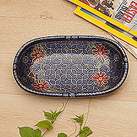 Wood decorative bowl, 'Water Batik' - Handmade Batik Oblong-Shaped Blue Pule Wood Decorative Bowl