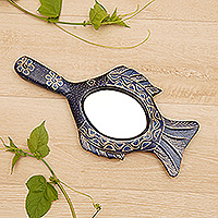 Wood hand mirror, 'Sea Reflection' - Handcrafted Batik Painted Fish-Themed Pule Wood Hand Mirror